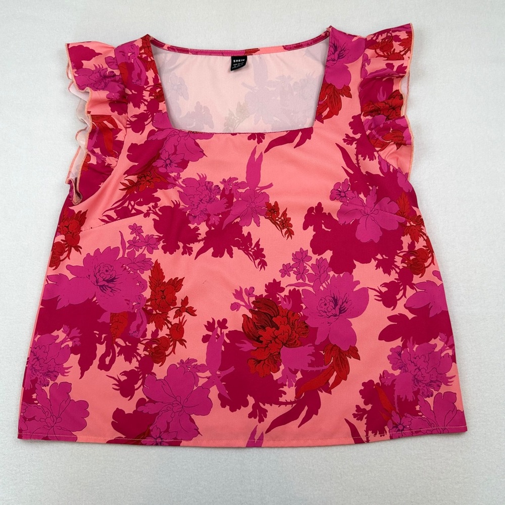 SHEIN Pink Red Floral Square Neck Ruffle Flutter Sleeve Blouse Top Sz M